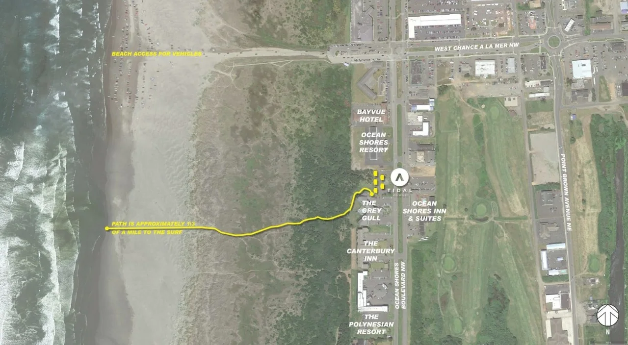 Aerial map showing an approximate one-third-mile walking route west from Tidal House to the beach and Pacific Ocean